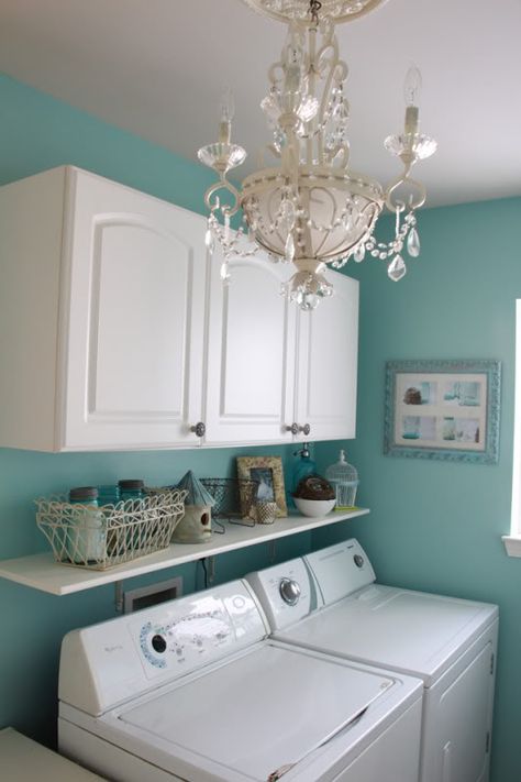 Color, shelf & light Home Laundry Room, House Of Turquoise, Home Laundry, Laundry Closet, Small Laundry Rooms, Small Laundry Room, Small Laundry, Laundry Room Storage, Laundry Mud Room