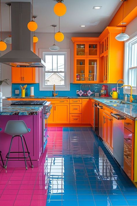 Funky Kitchen, Colorful Room, Colorful Room Decor, French Interior Design, Modern Small House Design, Minimalist Kitchen Design, Orange Kitchen, Dream Apartment Decor, Mid Century Modern Kitchen