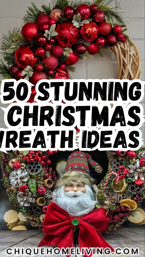 Looking to add some festive flair to your front door or home décor? These 50 stunning Christmas wreath ideas are sure to inspire you this holiday season! From classic evergreen wreaths adorned with pinecones, berries, and red ribbons to modern, minimalist designs featuring eucalyptus, white ornaments, and twinkling fairy lights, there’s a wreath for every style. Whether you love a rustic farmhouse feel with burlap and plaid or prefer a glamorous touch with glittering gold and silver accents, Pictures Of Christmas Wreaths, Diy Christmas Reefs, Front Door Porch Ideas, Door Porch Ideas, Red And Green Decor, Christmas Front Porches, Christmas Wreaths Indoor, Porch Christmas Decorations, Wreath Decorating Ideas