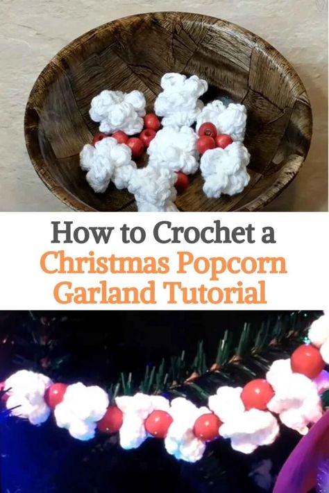 Is there anything more traditional than these popcorn garlands? I do not believe it! They are also quite simple to do and you can turn them into a very fun family project, we are sure that your little children or grandchildren will love to help you make the Christmas decoration this year. You can customize it to your liking, in the tutorial that we show you the creator added red balls that gave it a beautiful touch, if you want you can add some details or leave only the traditional... Christmas Popcorn Garland, Popcorn Crafts, Crochet Popcorn, Crochet Christmas Snowflakes, Garland Crochet, Popcorn Garland, Christmas Popcorn, Garland Tutorial, Crochet Holiday