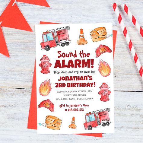 Cute Hand Drawn Fire Truck Birthday Invitation Police Fire Ambulance Birthday Party, Firefighter 3rd Birthday Party, Firefighter First Birthday Party, Fire Station Birthday Party, Fire Truck Birthday Party Ideas, Future Firefighter, Fire Truck Birthday, Firetruck Birthday Party, Firefighter Birthday