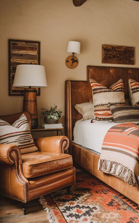 23 Southwestern Bedroom Ideas to Bring Desert Charm Indoors Yellowstone Inspired Bedroom, Yellowstone Bedroom Ideas, Cozy Western Home, Western Style Bedroom Ideas, Rustic Western Bedrooms, Southwestern Bedroom Ideas, Western Style Bedroom, Ranch Bedroom, Southwestern Interior