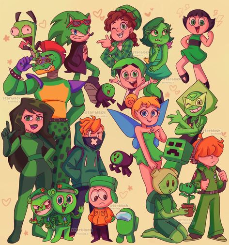 Crossover Fanart, Yellow Characters, Color Characters, Disney Rainbow, Colored Drawings, Colored Characters, Green Cartoon, Fairly Oddparents, Green Characters