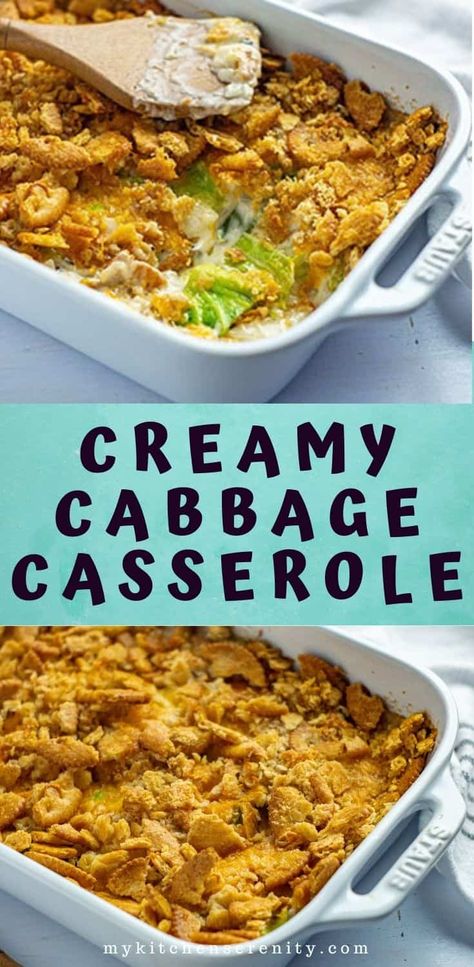 This creamy, cheesy Southern Cabbage Casserole recipe is perfect for any large get together.  Topped with buttered Ritz crackers. Serve it for Thanksgiving, Christmas or Easter! Easy recipe takes just a few minutes to throw together and goes well with poultry, ham and fish! #easycabbagerecipe #vegetablecasserole Cabbage Casserole With Ritz Crackers, Creamy Cabbage Casserole, Recipe With Ritz Crackers, Easy Cabbage Casserole, Cheesy Cabbage Casserole, Southern Cabbage, Cheesy Cabbage, Cabbage Casserole Recipe, Ritz Cracker Topping