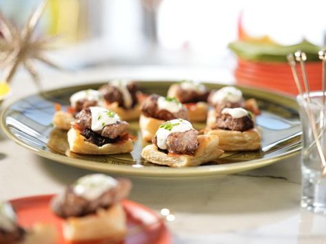 Mini Beef Wellington Bites Recipe | Jeff Mauro | Food Network Wellington Bites, Beef Wellington Bites, Mini Beef Wellington, Jeff Mauro, Prepared Horseradish, Tv Food, Frozen Puff Pastry, Beef Wellington, Beef Tenderloin