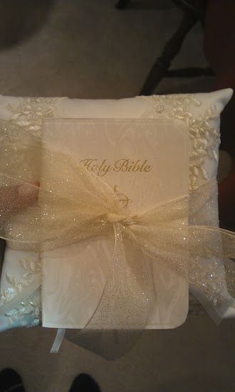 Our ring bearer pillow. I got a pillow & tied my mom's wedding bible to it with a pretty bow :) Bible Bearer, 40s Wedding, Cobalt Wedding, Wedding Bible, Bridal Bouquet Flowers, Ring Bearer Pillows, Ring Bearer Pillow, Pretty Pillow, Mom Wedding