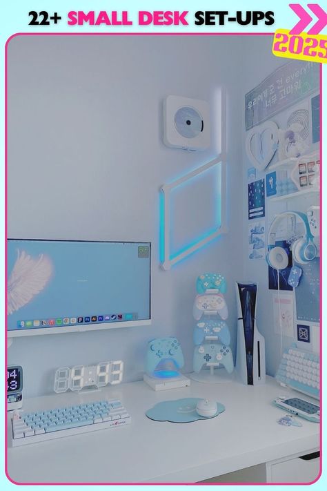 Futuristic white desk with neon lighting provides an organized, minimalistic workspace for small desk organization ideas in 2025. The lighting and sleek design make it perfect for tech lovers. Light Blue Gamer Aesthetic, Light Blue Room Inspo Aesthetic, Light Blue Desk Setup, Light Blue Pc Setup, Blue Gamer Room, Light Blue Gaming Setup, Blue Pc Setup, Baby Blue Room Aesthetic, Blue Gamer Setup