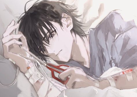 Anime Illustration Art, Sick Boy, Anime Illustration, Blood Art, Dark Art Illustrations, Long Black Hair, Scary Art, Anime Drawings Boy, Boy Art