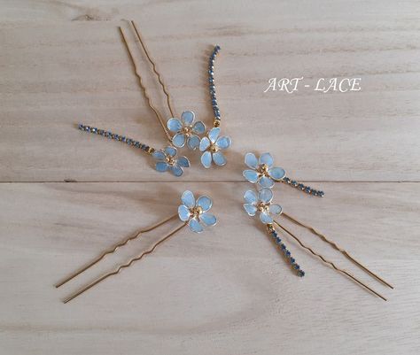 Forget-Me-Not flower hair forks, Light blue flower hair fork, decorative, bridal hair fork, wedding hair fork Forget Me Not Hair Pins, Groom Idea, Rose Gold Hair Vine, Hair Forks, Blue Hair Accessories, Light Blue Hair, Flower Hair Pieces, Groom Accessories, Hair Chains