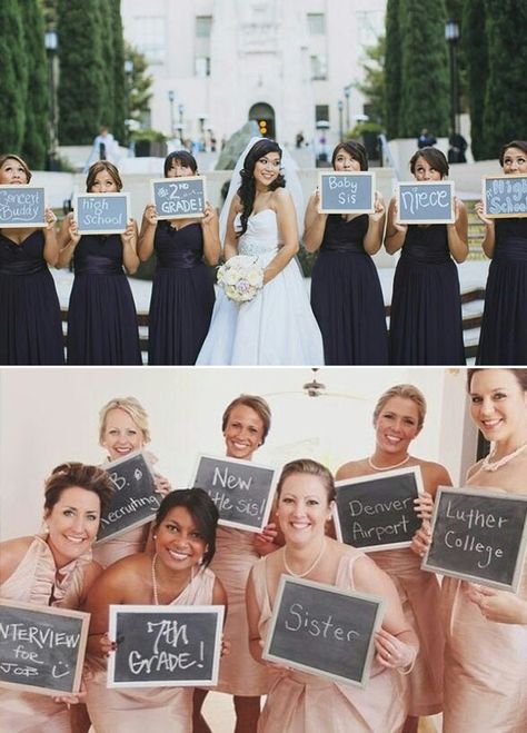 . How do you know the bride? Have your bridesmaids hold a sign of how they met you, how they are related to you, or simply of their favorite thing you two do together. Fun Bridal Party Photos, Pnina Tornai, Bridesmaids Photos, Stella York, Foto Tips, Bridal Party Photos, Future Wedding Plans, Cute Wedding Ideas, Wedding Goals