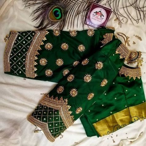 Green Aari Blouse Design, Magam Work Designs For Bride, Green Aari Work Blouse Design, Bridal Blouse Aari Work Designs, Green Blouse Designs For Saree Bridal, Green Maggam Work Blouses Design, Green Silk Blouse Designs, Green Blouse Aari Work Designs, Green Bridal Blouse