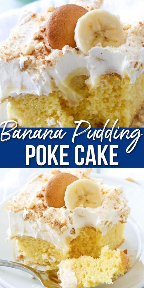 banana pudding cake on a plate Pudding Whipped Cream, The Best Banana Pudding, Banana Pudding Poke Cake, Pudding Poke Cake, Boxed Cake Mixes Recipes, Banana Pudding Cake, Banana Dessert Recipes, Best Banana Pudding, Poke Cake Recipes