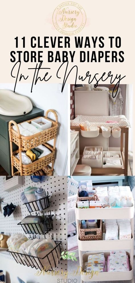 11-CLEVER-WAYS-TO-STORE-DIAPERS-IN-THE-NURSERY Baby Station In Bedroom, Nappy Storage Ideas, Diaper Storage Ideas, Cloth Diaper Organization, Cloth Diaper Storage, Nursery Dresser Organization, Changing Table Organization, Diaper Station, Pacifier Storage