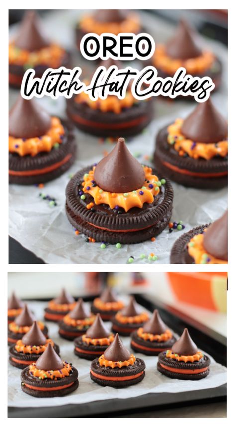 These witch hat cookies are one of the easiest Halloween treats to make! An Oreo cookie topped with frosting and a Hershey's kiss. Perfect for Halloween parties! Halloween Treats Witches Hats, Halloween Recipes Simple, Strawberry Oreo Witch Hats, Witches Hat Cookies Hershey's Kisses, Halloween Food Day Ideas, Witch’s Hat Cookies, Easy Halloween Snack Ideas For Kids Party, Halloween Kid Appetizers, Oreo Witches Hat