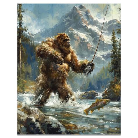 Vintage Sasquatch Bigfoot Art Print Fly Fishing Artwork Fishing Cabin Wall Decor | eBay Vintage Fishing Decor, Fishing Artwork, Bigfoot Art, Cabin Wall Decor, Fly Fishing Art, Fishing Cabin, Hunting Art, Fishing Pictures, Vintage Art Print