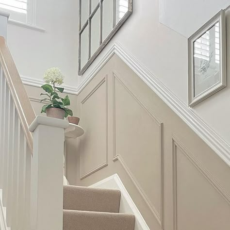 Alice | Classic interiors on Instagram: "Transformation Tuesday ➡️ Swipe to the end to see the best photo of my hallway! The hallway has had quite a few lives. I removed the awful carpet and changed the solid banister for spindles which really let much more light in. Lighter coloured paint and some panelling has also really improved this space. My more recent addition is the Pimilico collection carpet from @cormarcarpets in Madeira. I just had to get rid of all the grey and I hated the str Painted Stair Rails Banisters, Panelled Landing, Stair Panelling Colour Ideas, Grey Staircase Panelling, Stairs Wood Panelling, Colourful Banister Ideas, Panelled Hallway Stairs Colours, Panelled Staircase With Handrail, Paneling Staircase