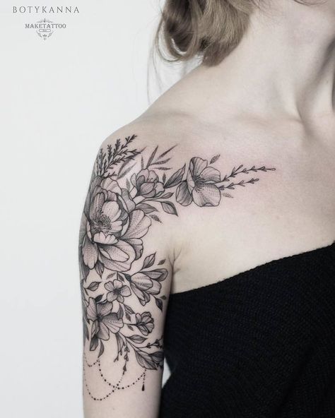 Half Sleeve Floral Tattoo by Anna Botyk Simple Shoulder Tattoo, Botanisches Tattoo, Cat Tattoos, Floral Tattoo Sleeve, Shoulder Tattoos, Tiny Tattoo, Botanical Tattoo, Shoulder Tattoos For Women, Sleeve Tattoos For Women