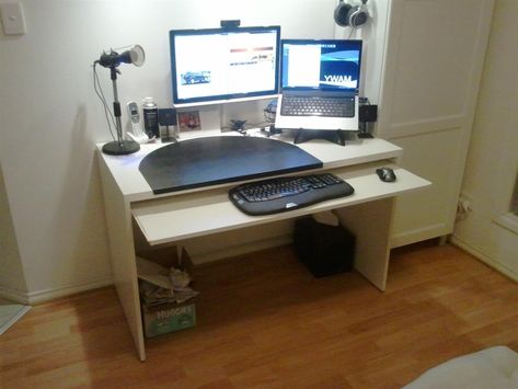 Materials: Besta Description: After trying two different keyboard trays for my new Ikea Besta desk, with no success, I finally decided that I needed to build my own. The space between the two end panels of the desk isn’t too long, so I ended up purchasing a couple of drawer slides and a white shelf … Ikea Besta Desk, Diy Keyboard Tray, Besta Desk, Homemade Desk, Apartment Desk, Diy Keyboard, Keyboard Drawer, Sleek Office, Desk With Keyboard Tray