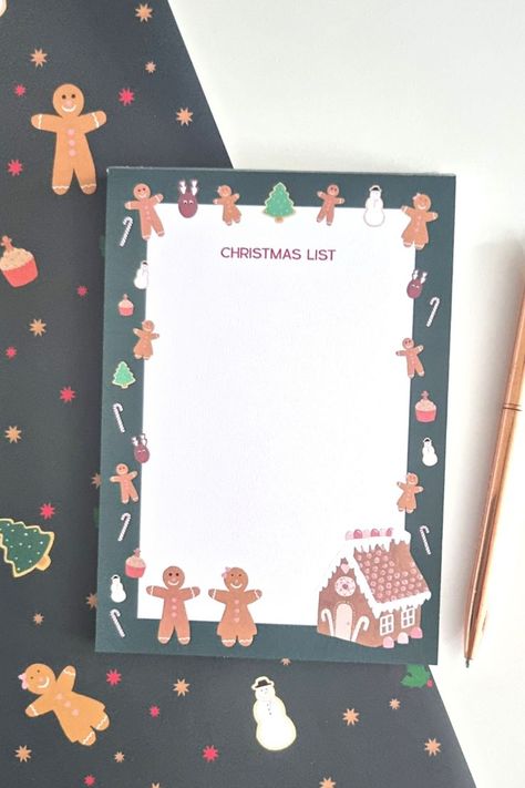 Illustrated Gingerbread Christmas notepad Christmas Notepad, Stationery Set Design, Christmas Stationary, Christmas Present Ideas, Japanese Christmas, Holiday Stationery, Christmas Products, Paint Water, List Notepad