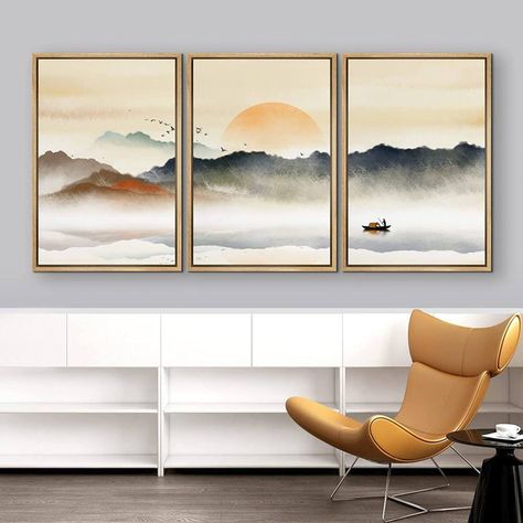 Misty Ocean, Ocean Mountain, Landscaping With Roses, Birds In The Sky, 3 Piece Painting, Chinese Landscape, Rising Sun, Picture Frame Wall, Floater Frames