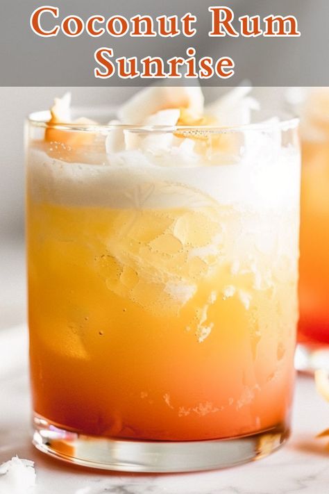 The Coconut Rum Sunrise is a tropical cocktail that blends the smooth, creamy richness of coconut with the fruity sweetness of Malibu rum, freshly squeezed orange juice, and a touch of grenadine. Rum Drinks Recipes, Layered Drinks, Vibrant Gradient, Squeezed Orange Juice, Bartender Drinks, Liquor Recipes, Cocktail Drinks Alcoholic, Orange Cocktails, Malibu Rum