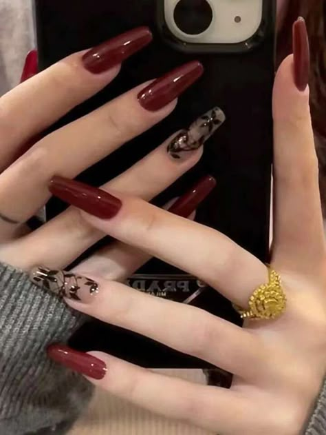 Cute Prom Nails For Black Dress, Almond Nails Designs Dark Red, Dark Red Almond Nails Designs, Dark Almond Nails Designs, Dark Red Nails With Design, Nails Black And Red, Long Press On Nails, Red Acrylic Nails, Almond Nail