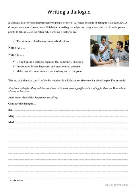 Writing a dialogue - English ESL Worksheets for distance learning and physical classrooms Dialogue Writing Worksheets, Dialogue Worksheet, Dialogue Rules, Punctuating Dialogue, Dialogue Writing, Conversation Between Two People, Writing Pictures, English Exercises, Algebra Worksheets