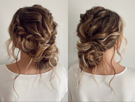 Romantic Updo Bridesmaid, Loose Side Updo Wedding, Messy Up Do Bridesmaid, Boho Style Bridesmaid Hair, Balayage Wedding Hair Updo, Boho Bridal Hair And Makeup, Textured Bridesmaid Hair, Wedding Updo Side Bun, Updo Hairstyle For Wedding Guest