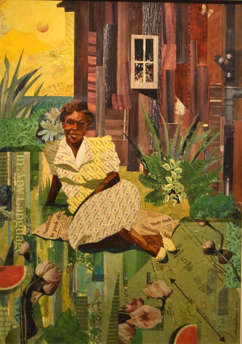 Ekua Holmes “Idyll of the South: Portrait of Aunt Mary Matthew 37:11 (NIV) But the meek will inherit the land and enjoy peace and prosperity” 2016, collage on paper. Ekua Holmes, Black Women Collage, Classical Art Black Women, Victorian Art Black Women, Vintage Painting Black Women, Art Nouveau Black Woman, Black Women Artists, Cut Paper Illustration, Collage Portrait