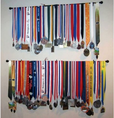 hanging metals Race Medal Displays, Running Medal Display, Trophy Display, Ribbon Display, Race Medal, Running Medals, Award Display, Medal Holders, Medal Display