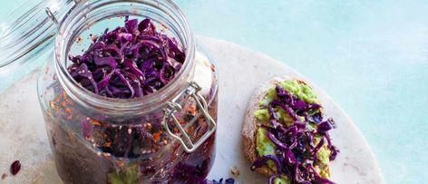 Red cabbage kimchi. I adjusted a bit based on what we had - included carrots and leeks, added a bit of tumeric... Red Cabbage Kimchi, Red Cabbage Kimchi Recipe, Cabbage Kimchi Recipe, Best Picnic Food, Cabbage Kimchi, Red Cabbage Recipes, Fermented Cabbage, Kimchi Recipe, Happy Food