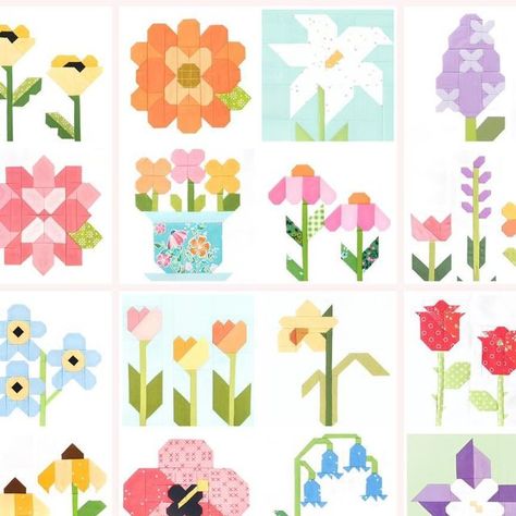 Gracey Larson / Quilt Patterns on Instagram: "“I must have flowers, always, and always” -Claude Monet. 🌸🪴 These are all of the flower quilt block patterns that I’ve designed so far! Of course there are more to come, but I just had to see them all together! I can’t even tell you how happy this makes my heart!! 🥰🌸🌻🌺🌷🍃🌾 The flower blocks will always be some of my very, very favorites and bring back some of the best memories! Hopefully, in the not too distant future, I’ll turn all of the blocks into a full flower quilt! 🎉💕 Maybe do a sew-along? What do you all think? 👏🏻 P.S. If you look closely, you may even see a new flower that I haven’t even announced yet! 😉 #burlapandblossompatterns #graceylarson #flowerquilt #flowerquiltblock #quilt #quilts #quilting #quiltblock #quiltblocks Flower Quilt Block Patterns, Flower Quilt Blocks, Flower Quilt Block, Flower Quilts, New Flower, Flower Quilt, Block Patterns, Flower Stands, Quilt Block Patterns