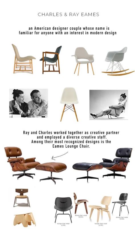 Ray And Charles Eames, Charles And Ray Eames Furniture, Eames Interior Design, Eames Interior, Charles Eames Chair, Famous Furniture Designers, Furniture Styles Guide, Eames Furniture, Poltrona Design