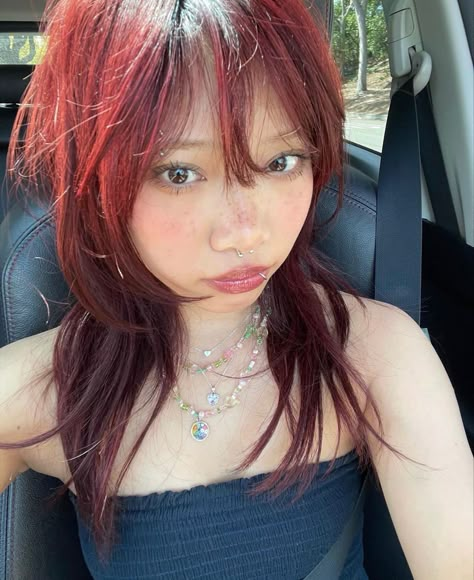 Red Hair Wolf Cut, Red Wolf Cut, Asian Red Hair, Red Hair With Bangs, Cherry Red Hair, Short Red Hair, Korean Hair Color, Cherry Hair, Violet Hair