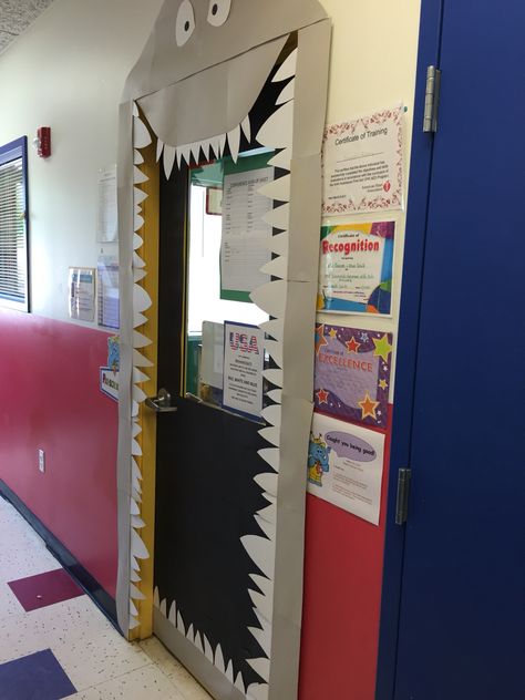 Shark classroom door Shark Door Decorations Classroom, Shark Classroom Door, White Board Decoration Ideas, Halloween Doors, Pirate Classroom, Shark Halloween, Class Door, After Prom, Classroom Transformation