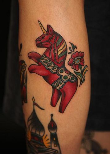 Without the unicorn, but with a tomte riding the dalahorse with a butter knife in his hand Dala Horse Tattoo, Swedish Tattoo, Scandinavian Tattoo, Horse Tattoo Design, Best Tattoo Ever, Unicorn Tattoos, Horse Tattoo, Dala Horse, Skin Art