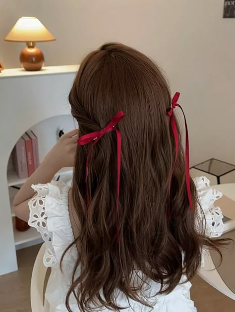 2pcs Women's Burgundy Polyester Woven Ribbon Bow With Silk Ribbon Hair Clip, Sweet And Cute Hair Decoration With Streamers For Daily Use, Hair Accessories Set | SHEIN USA Hair With Red Ribbon, Red Ribbon Hair, Mindful Christmas, Red Hair Ribbon, Hair Clip Ins, Red Hair Clips, Ribbon Hair Clip, Bow Braid, Ribbon Braids