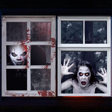 PRICES MAY VARY. Spooky Atmosphere: Transform your indoor space into a haunted house with these Halloween decorations. The eerie design featuring female ghost and clown ghost images adds a spine-chilling ambiance to any room or porch Versatile Usage: These window curtains are not just for windows! Use them as door covers, wall decorations, or even as backdrop curtains for Halloween parties. Their removable and reusable design makes them perfect for adding a touch of horror to any space High Qual Halloween Curtains, Halloween Window Clings, Halloween Photo Booth, Ghost Images, Curtain Window, Halloween Window, Film Horror, Outdoor Party Decorations, Cubicle Decor