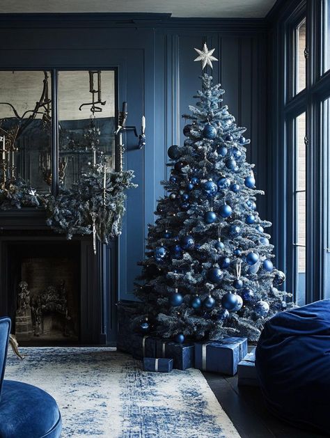 Dark Blue Christmas Tree, Creative Christmas Tree Ideas, Dark Blue Christmas, Themed Trees, Christmas Tree Decorating Ideas, Tree Decorating Ideas, Ball Room, Christmas Door Decoration, Navy Christmas