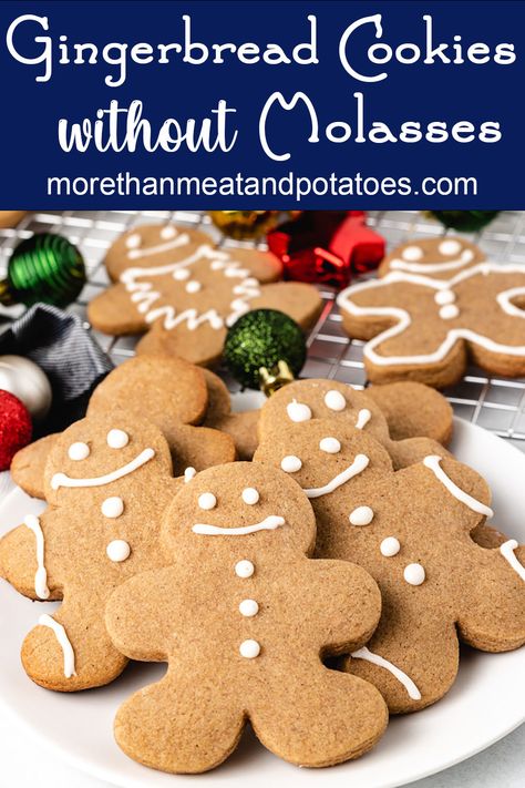 Our gingerbread cookies without molasses recipe features spiced gingerbread cookies topped with a simple homemade icing! #morethanmeatandpotatoes Easy Gingerbread Cookie Recipe, Easy Gingerbread Cookies, Best Gingerbread Cookies, Molasses Recipes, Salted Caramel Pretzels, Chocolate Chip Shortbread Cookies, Salted Caramel Mocha, Soft Gingerbread Cookies, Baking Christmas