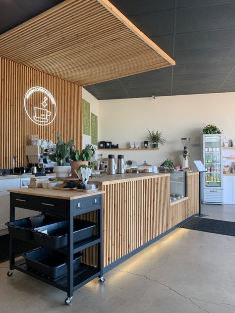 #coffee #coffeeshop #pastry #oregon Wood Coffee Shop Design, Open Coffee Shop, Garage Coffee Shop, Pastry Shop Design, Cafe Kiosk Design, Cafe Ideas, Cafe Counter, Store Shelves Design, Church Building Design