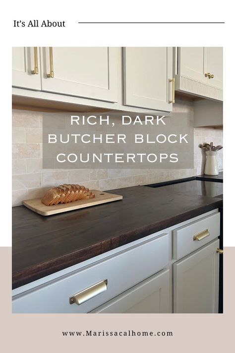 Why I chose dark butcher block, and how you can get the same look for cheap! Sage Kitchen With Butcher Block, Dark Brown Butcher Block Countertops, Black Stained Butcher Block Countertops, Dark Stain Butcher Block Countertops, Ebony Butcher Block Countertops, Dark Stained Butcher Block Countertops, Butcher Block Countertops Colors, Espresso Butcher Block Countertops, Dark Butcher Block Countertops Kitchen