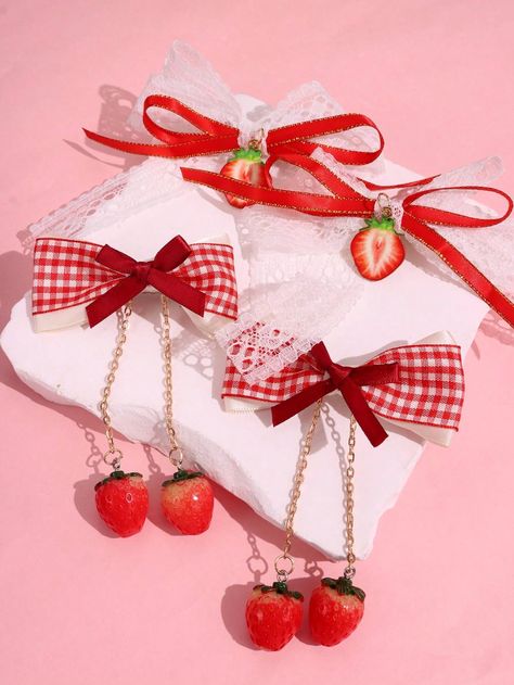 Multicolor Bohemian,Cute,Boho Collar  Polyester   Embellished   Women Accessories Strawberry Accessories, Cute Hairpins, Strawberry Shortcake Costume, Strawberry Stuff, Elegant Vibes, Strawberry Outfit, Hair Clips Cute, Red Outfits, Strawberry Hair