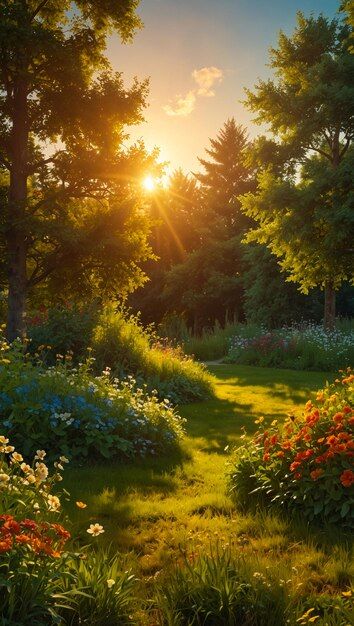 Landscape Scenery Paintings, Nature Landscape Wallpaper Desktop, Flowers In Sunset, Sun Scenery, Sunrise Photography Nature, Garden With Flowers, Sunset Garden, Beautiful Paintings Of Nature, Sunrise Landscape