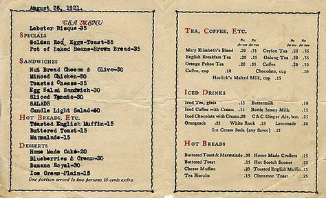 Menu for a 1920's Tea Room by Karalanakelley, via Flickr Orange Pekoe Tea, English Breakfast Tea, Egg Salad Sandwiches, Lobster Bisque, Ceylon Tea, Vintage Menu, Malted Milk, American Restaurant, Mary Elizabeth