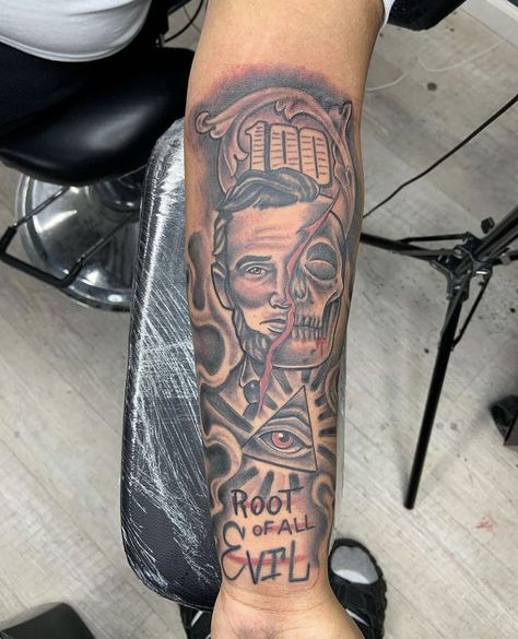 Meanful Tattoos For Men, 773 Tattoo, Money Is The Root Of All Evil Tattoo, Raw Tattoo Design For Men, Risk Taker Tattoo Men, Skeleton Forearm Tattoo, Thug Tattoos Men, Leg Sleeve Tattoo Male Black, Hand Tattoos For Black Men