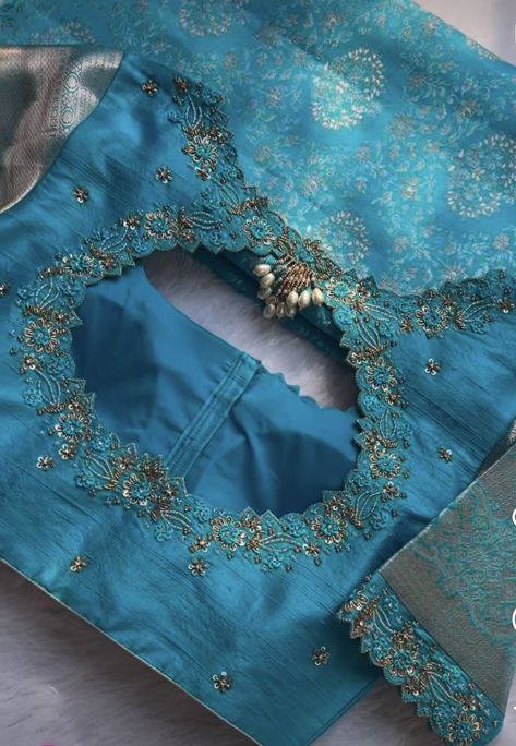 Butta Blouse Work Designs, Blue Pattu Saree Blouse Designs, Light Blue Blouse Designs, Butta Hands For Blouses, Aari Motif, Blue Work Blouse, Daughter Songs, Blue Blouse Designs, Maggam Blouse