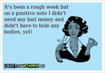 It's been a rough week but on a positive note, I didn't need bail money and didn't have to hide any bodies, YET. Sarcastic Ecards, Bail Money, Life Quotes Love, Memes Sarcastic, Positive Notes, E Card, Work Humor, Ecards Funny, Guys Be Like