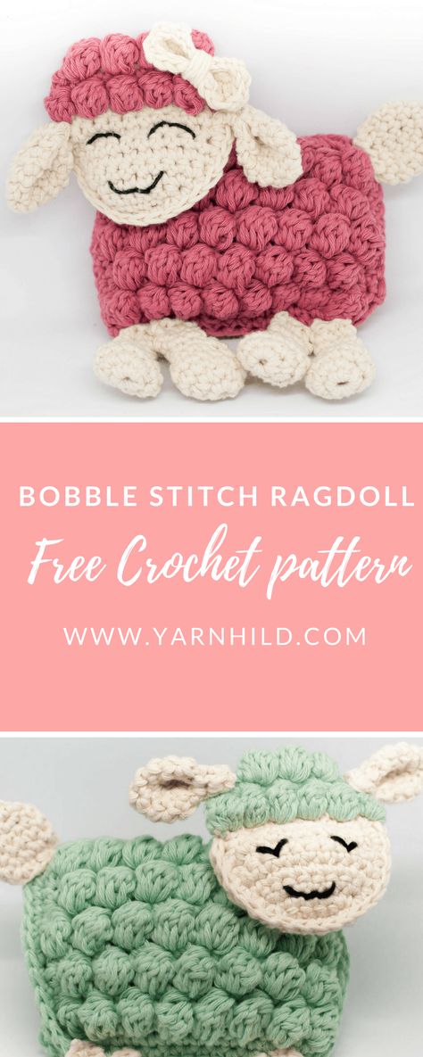 These sweet ragdoll sheep are crocheted with the bobble stitch. The pattern is free. The perfekt gift for a baby! Lamb Crochet, Kat Haken, Crochet Sheep, Haken Baby, Bobble Stitch, Crochet Free, Crochet Baby Patterns, Pattern Free, Crochet For Kids