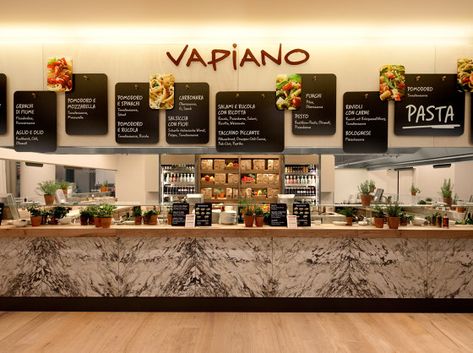 Food & Beverage retail system, Vapiano by Matteo Thun & Partners | Café interiors Restaurant Counter, Food Counter, Pasta Restaurants, Pasta Bar, Bar Inspiration, Nice Food, Basil Plant, Pizza Place, Counter Design